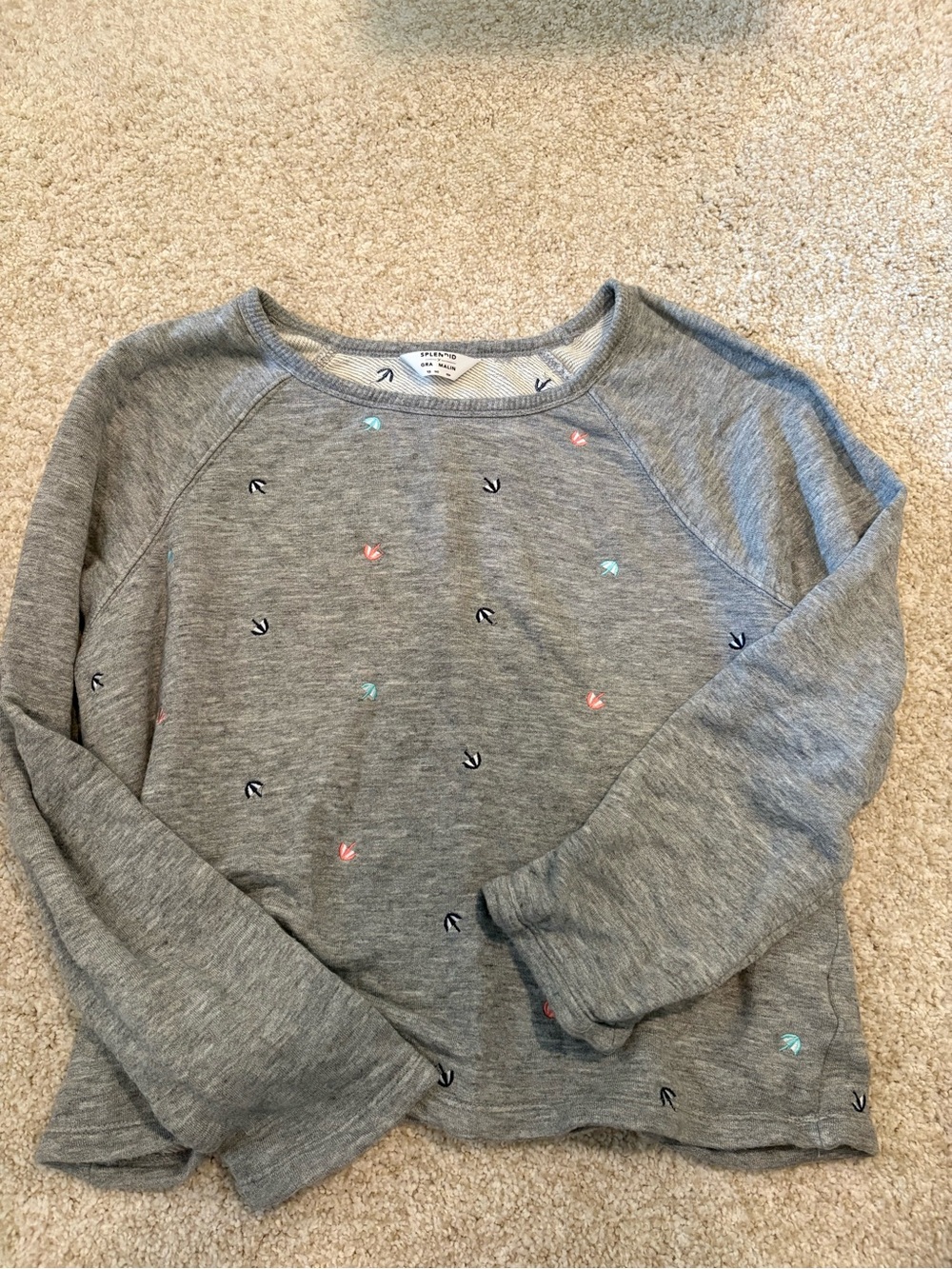Splendid Heather Gray Crewneck Sweater with Multi-Color Embroidery